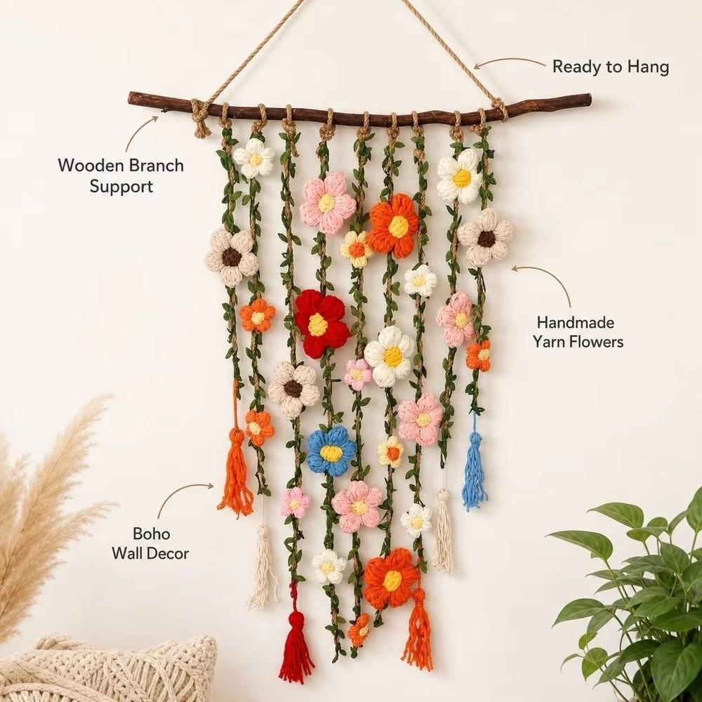 Natural Wooden Branch Flower Vine Tassel Ornament Hand Knit Flower Tapestry Living Room