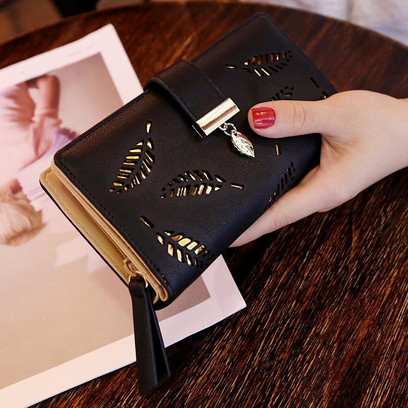 New Ladies Wallet Sweet Lady PU Leather Horizontal Section Zipper Female Middle Length Hollow Out Leaf Coin Purse