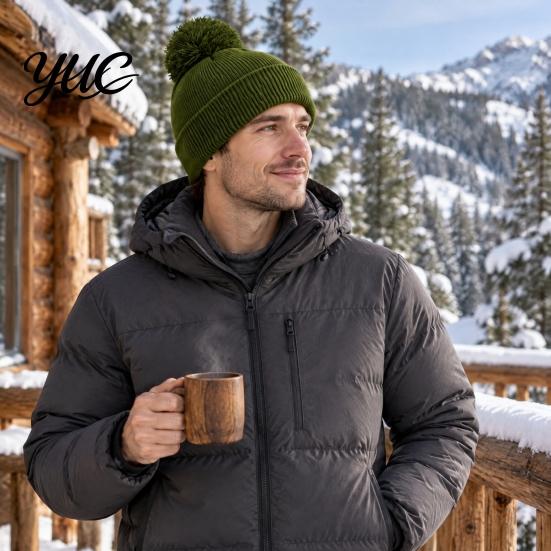 Solid Color Winter Headwear Knitted Hat with Faux Fur Ball, Soft Elastic Windproof Casual Daily Wear Warm Cap, Thickened for Men And Women Unisex