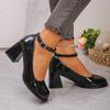 Ankle Strap Chunky Heel Mary Janes Pumps Women Fashion Black Patent Leather Dress Shoes Woman Elegant Round Toe High Heels Pumps