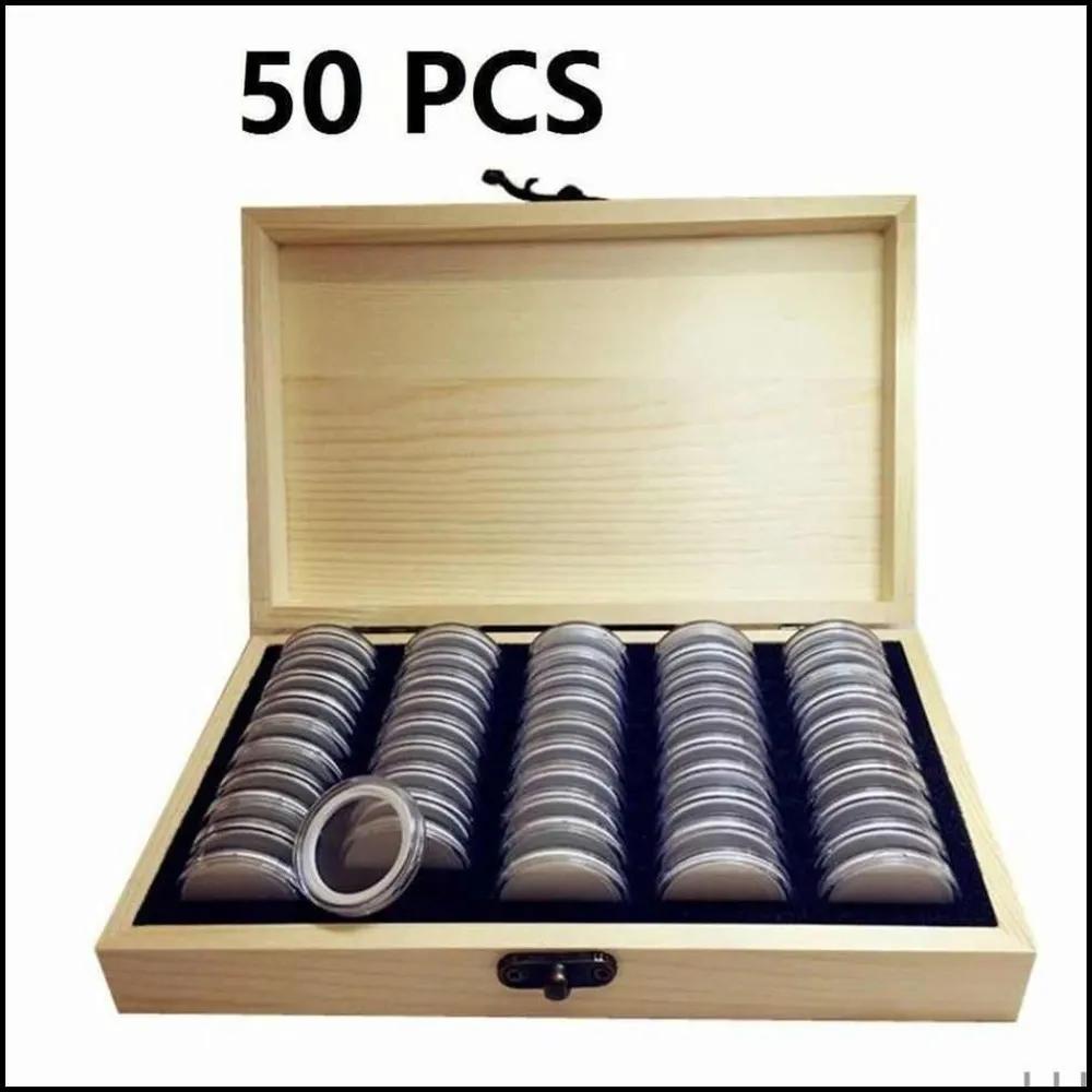 Wooden Coin Storage Box Display Commemorative Collectible Case - 50