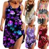 U Neck Pleated Printed Dress Beach Strap Printed Dress for Women Sleeveless  Loose Dresses Evening Party Club Causal Dress