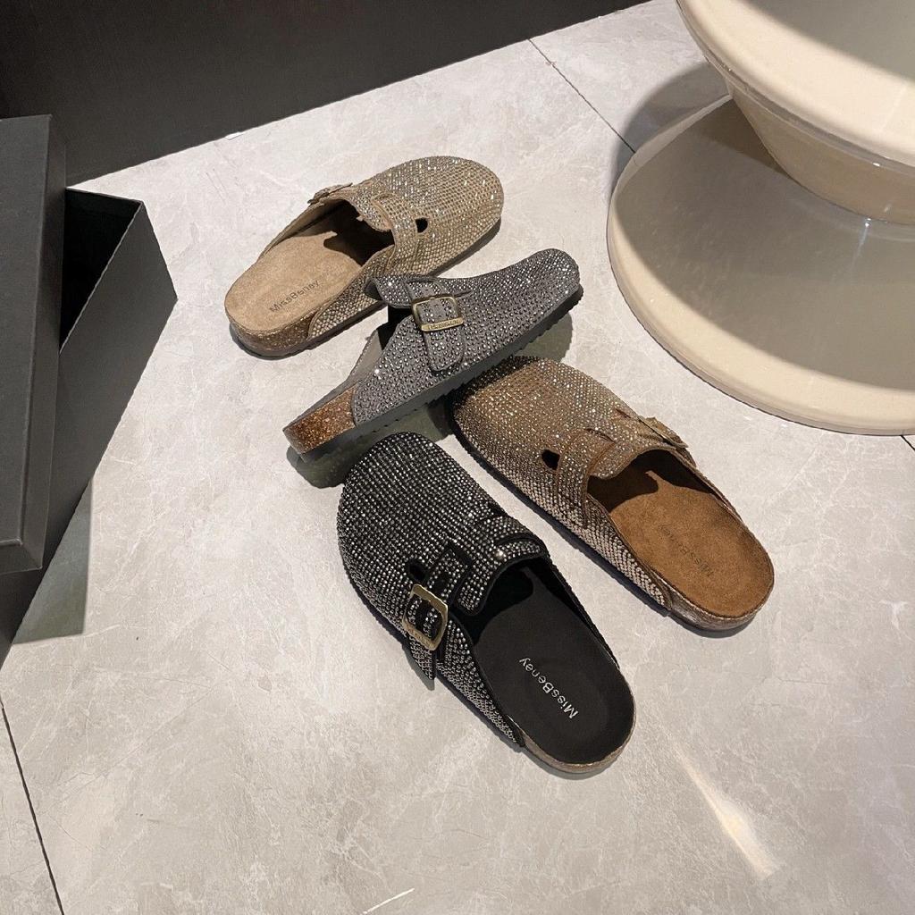 Non-slip Low-heeled Casual Single Shoes Fashionable Round Head Comfortable Versatile Feet Small Rhinestone Half Tray Women's Spring New Models