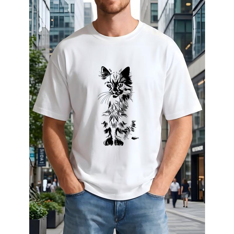 European Sizes Men'S T-Shirt with Cat Print - Urban Streetwear Short Sleeve Round Neck Top, Machine Washable Casual Summer Shirt Suitable