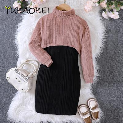Mädchen Kleidung Träger Pullover Kleid Set Mode Kinder Gestrickter Rollkragen Oberteil + Kleider Anzug