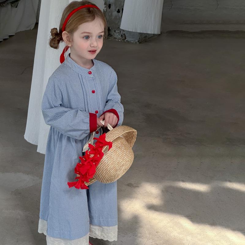 2025 Spring Korean Retro Plaid Knee-Length Dress with Buttons for Girls