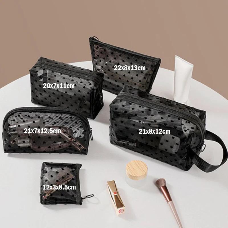 Borsa per il trucco a forma di cuore, in rete trasparente, multifunzione, portatile, per donne, con organizer per cosmetici, rossetti e articoli da toeletta