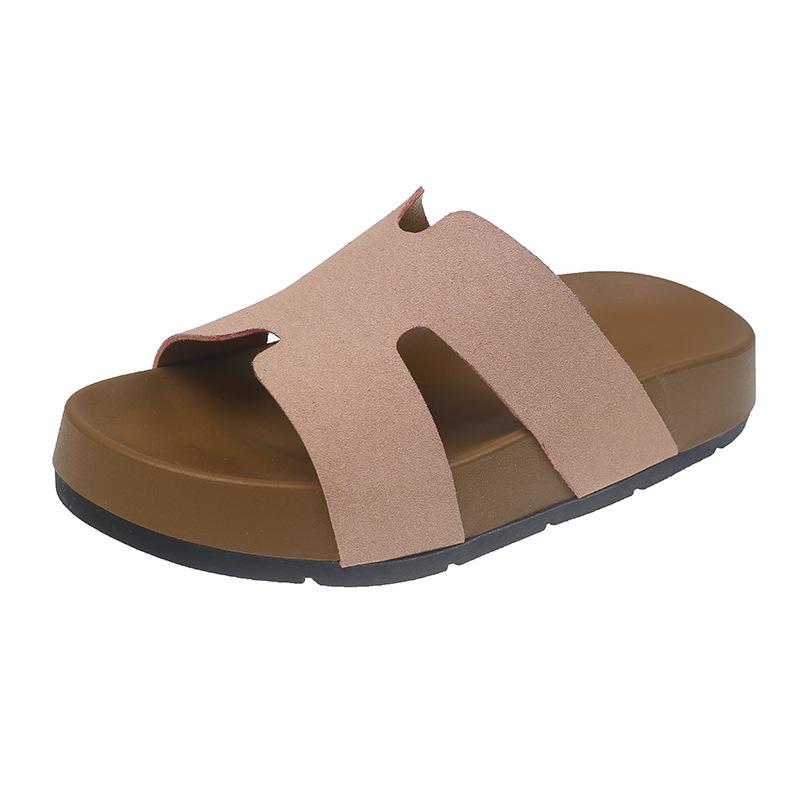 Simple New H-type Solid Color Thick Bottom One-word Drag Outer Wear 2025 Summer Round Head Cool Slippers 2025 Direct Sales