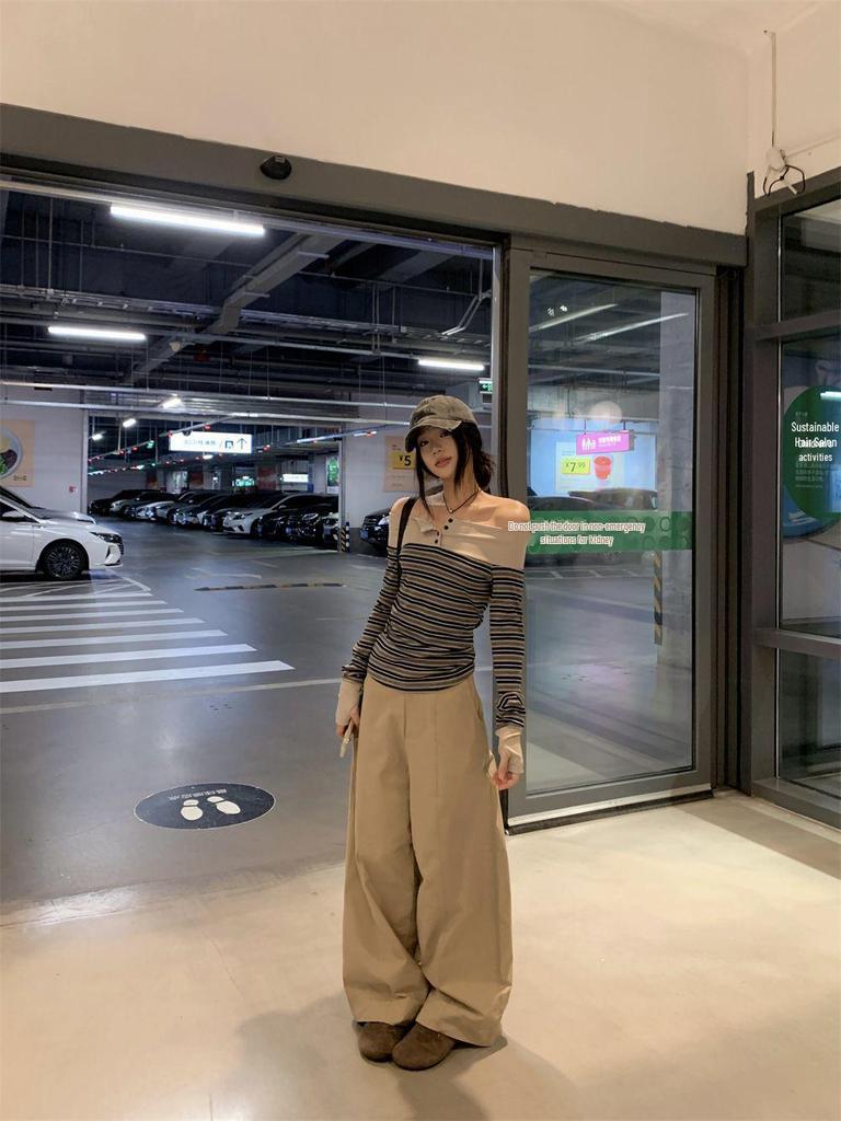 Retro Striped One-Shoulder Patchwork Slim Fit Long Sleeve Women's Top for Autumn 2025