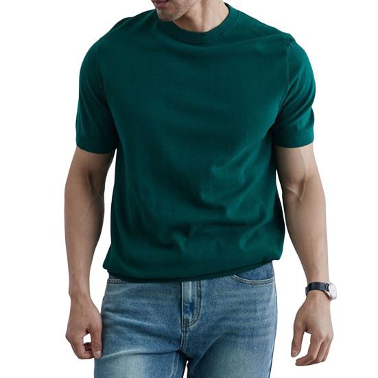 Summer Men T-Shirt Crew Neck Solid Color Short Sleeves Knitted Shirt Breathable Slim Fit Lightweight Basic Tee Casual Business Top
