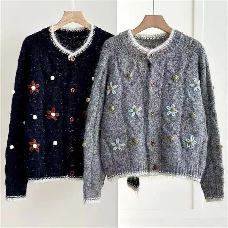 Embroidered Knitted Cardigan Women's Clothing Autumn and Winter New Gentle Wind Loose Handmade Crochet Sweater Jacket Women