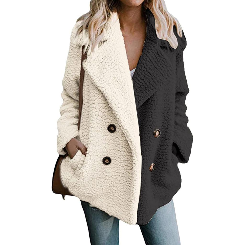 Women's Winter Casual Padded Thickened Suit Collar Button Lambswool Jacket Cardigan