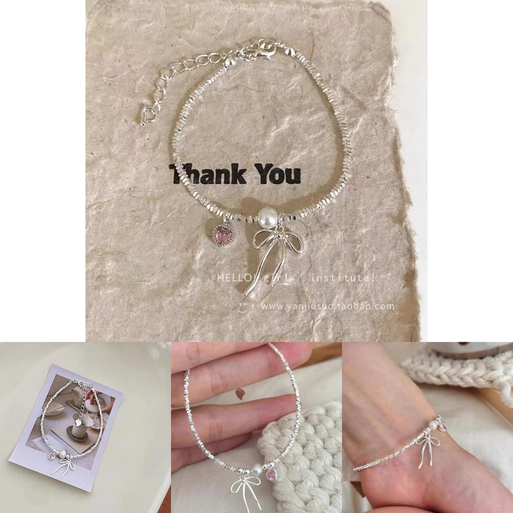 Elegant Pink Heart Charm Bracelet Delicate Bowknot Design Sweet Style Summer Jewelry For Women