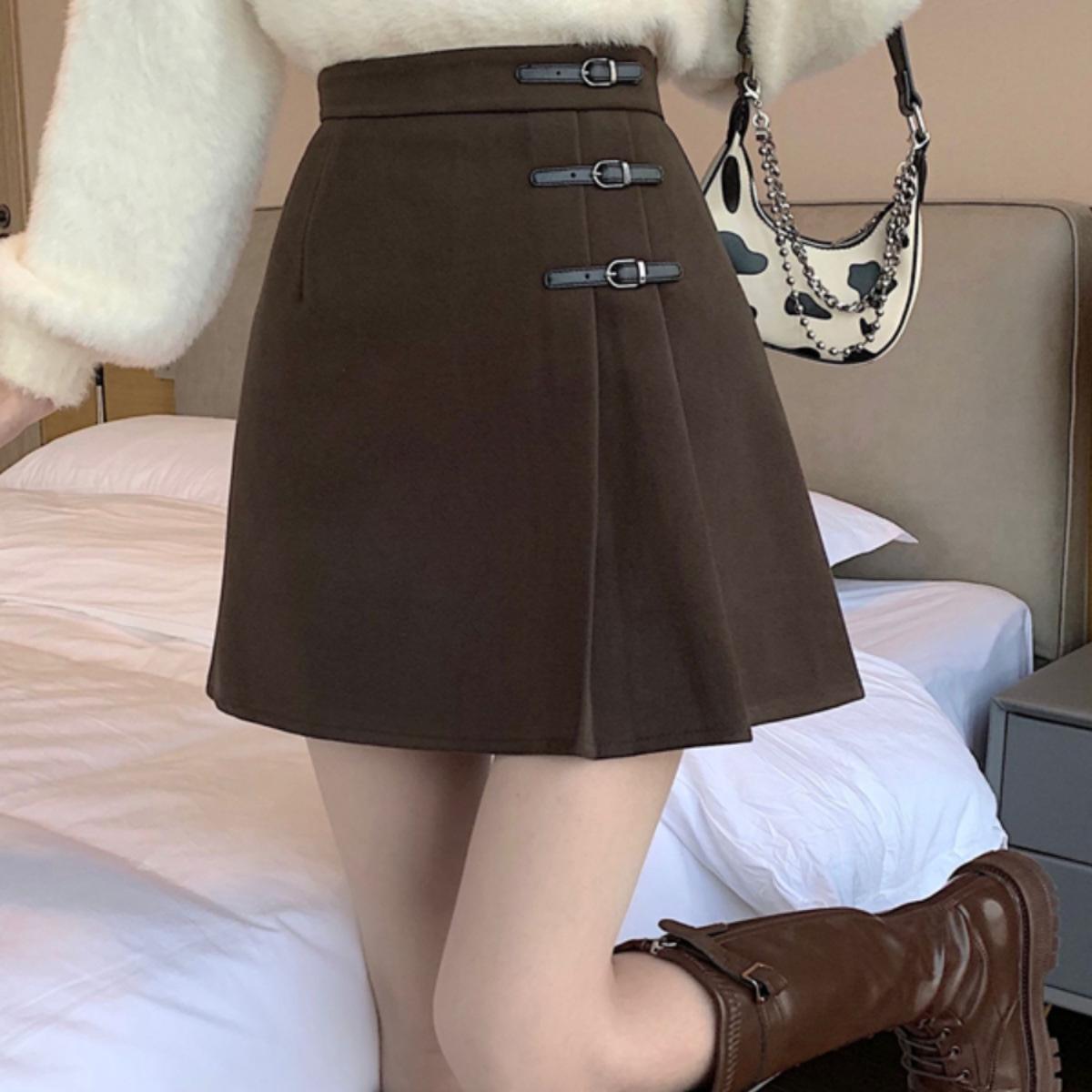

Winter 2025 Black Wool-Blend Pleated A-Line High-Waisted Short Skirt for Women (Petite) S кавовий