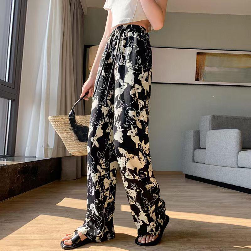 Summer Plus Size 3XL 4XL Sweatpants Jogger Women Wide Leg Pants Retro High Waist Cartoon Print Elastic Woman Pant White Black Loose Long Trouser