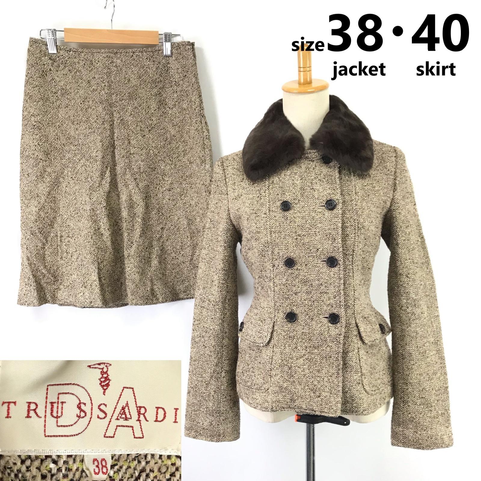 

TRUSSARDI Silk Blend Tweed Skirt Suit Set [M-L/Brown] Double-Breasted Fur(USED)