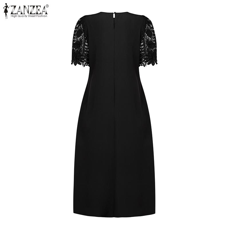 ZANZEA Women Casual Round Neck Short Sleeve Lace Ctochet Patchwork Dress