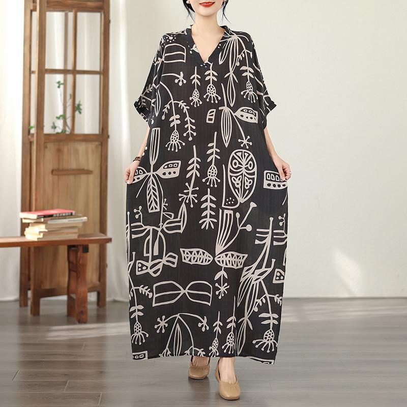 DIMANAF New 2026 Women Plus Size Spring Summer Beach Dress Vintage Floral Print Black Long Dress Loose Oversize Maxi