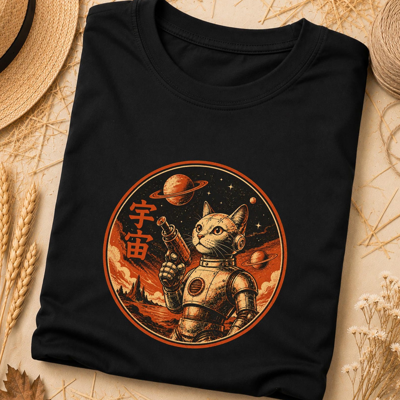 Japanese Space Cat Tshirt, Sci-Fi Japanese Art Shirt, Japanese Vintage Graphic Tee, Minimalist Space Cat Graphic Tee, Lucky Symbol Cat Shirt 4XL