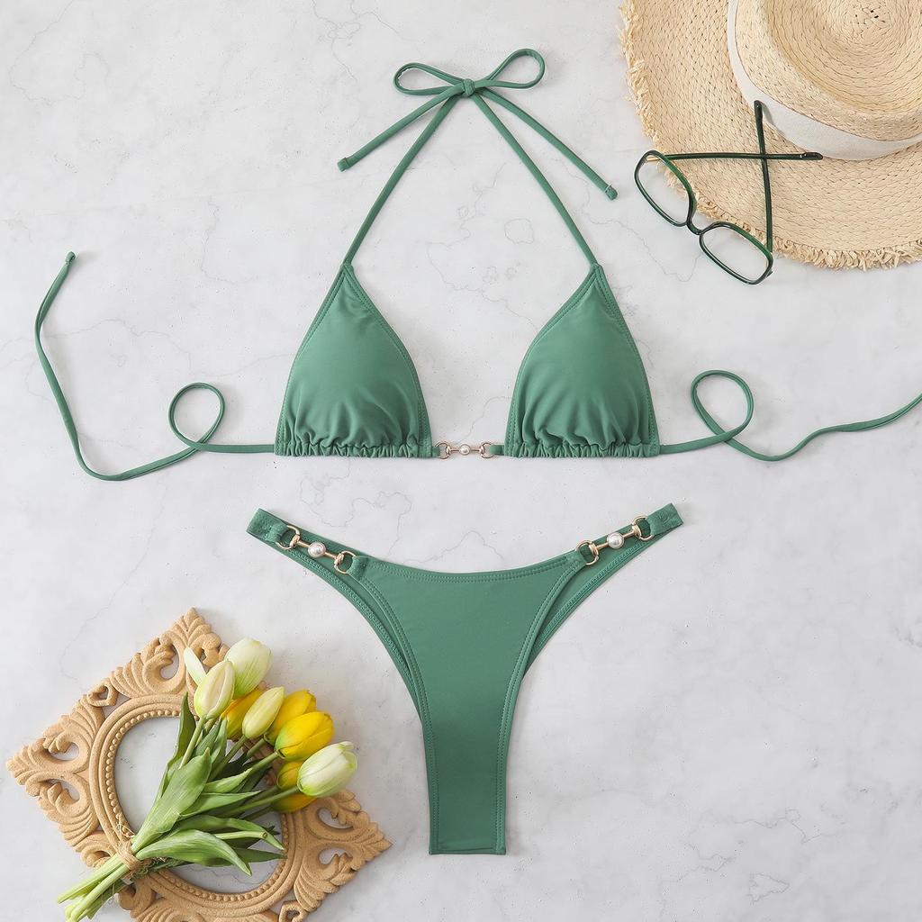 European & American Women's Solid Color Lace-Up Halter Triangle Bikini - Sexy Two-Piece Swimsuit