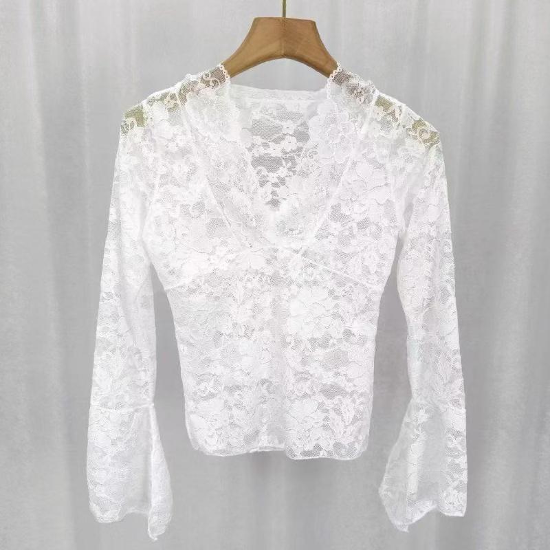 

Весенние сексуальные облегающие кружевные рубашки с V-образным вырезом, топы для женщин, модные элегантные базовые элегантные блузки для женщин, винтажные однотонные офисные женские блузки с длинным рукавом 26131 One Size белый