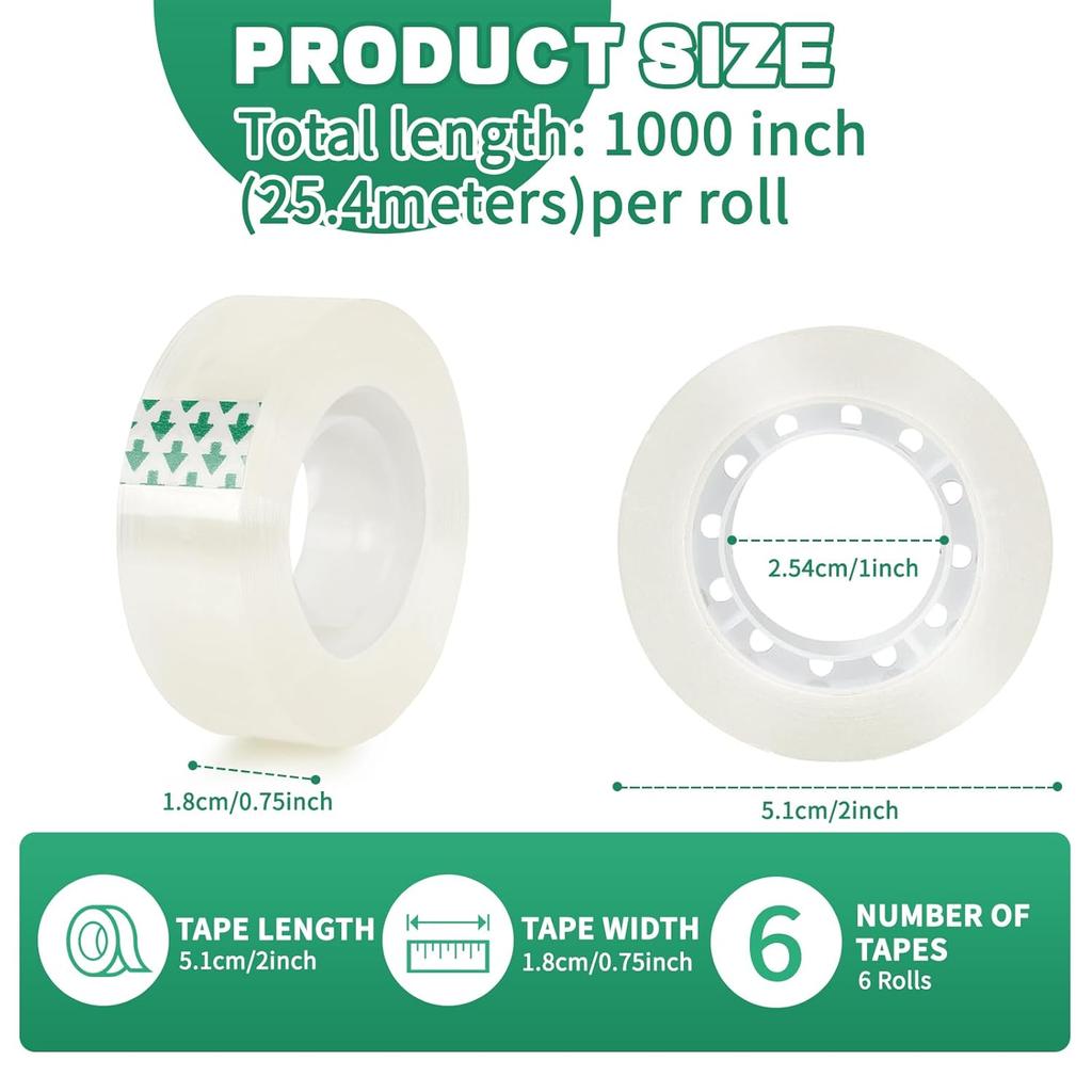 12 Rolls Clear Tape, Transparent Tape Refills, Gift Wrap Tape 3/4 Inch x 1000 Inch, Clear Tape Refill Rolls for Gift Wrapping, Home, School Office