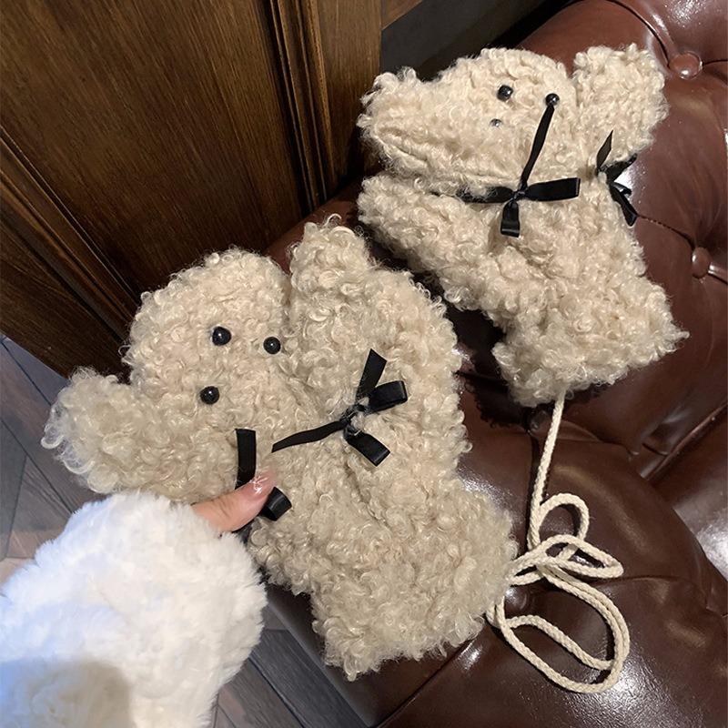 [Scarf, Hat and Gloves Three-piece Set] Plush Bow Gloves for Women's Winter Warm, Thickened and Cold-proof Riding