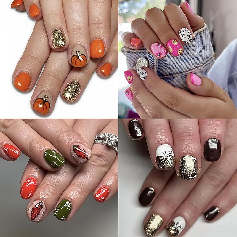 96 Pcs Halloween Press on Nails Short Square Fake Nails with Nails Glue Pumpkin Smile Face False Nails with Designs Acrylic Stick on Nails with 4 Style12