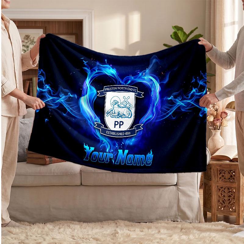 Preston North End Personalized Fleece Blanket With Football Logo, Custom Name Text Soft Warm Home Throw Blanket
