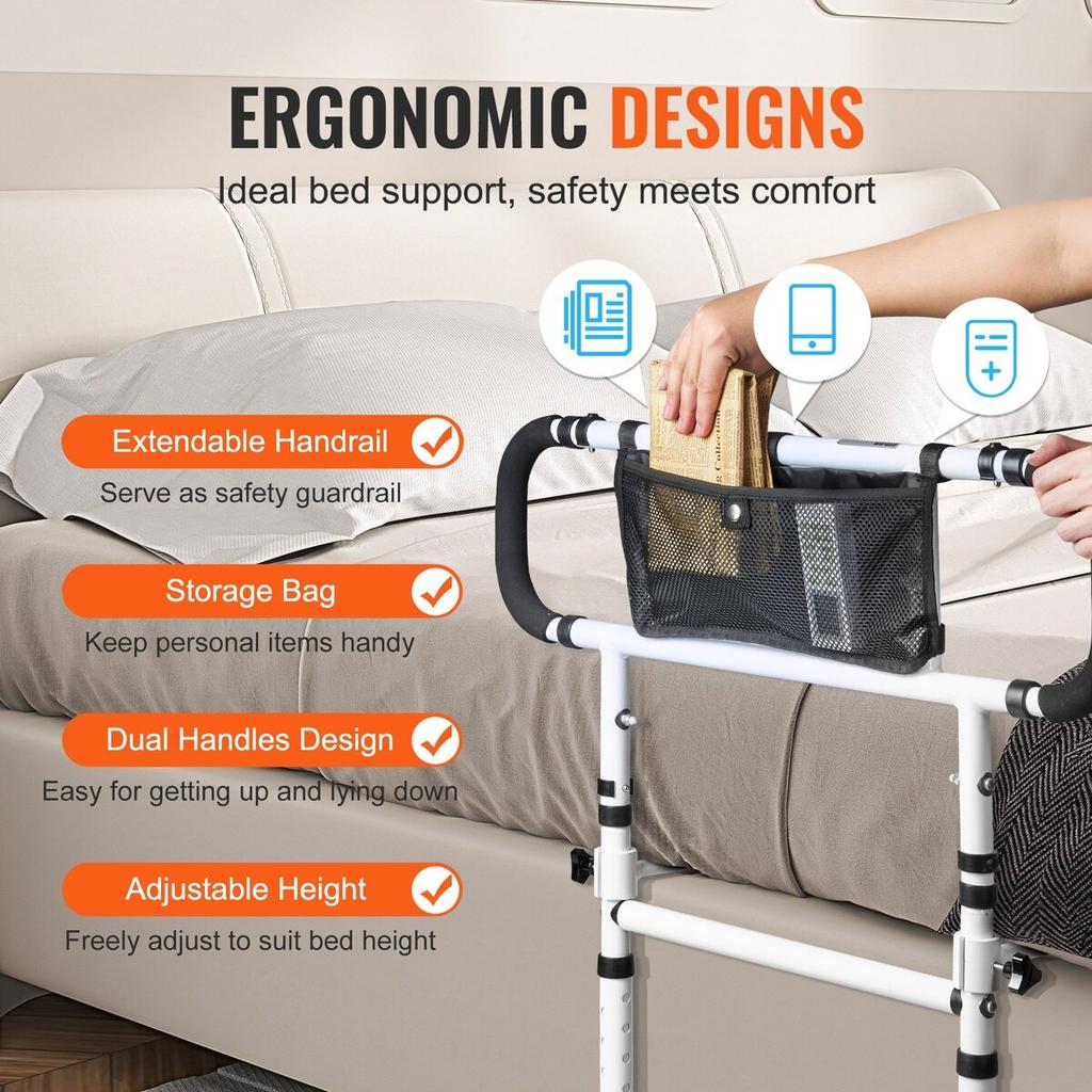 Bed Rails for Elderly Adults, 180° Foldable Bed Assist Rails for Seniors, 450LBS Loading Bed Side Rails Bed Cane with 4-Level Adjustable Handle,
