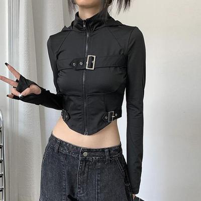 Sexy Y2K Women Sports Cycling Tops Long Sleeve Solid Black Stand Collar T-shirts Athletic Fashion Design for Girls