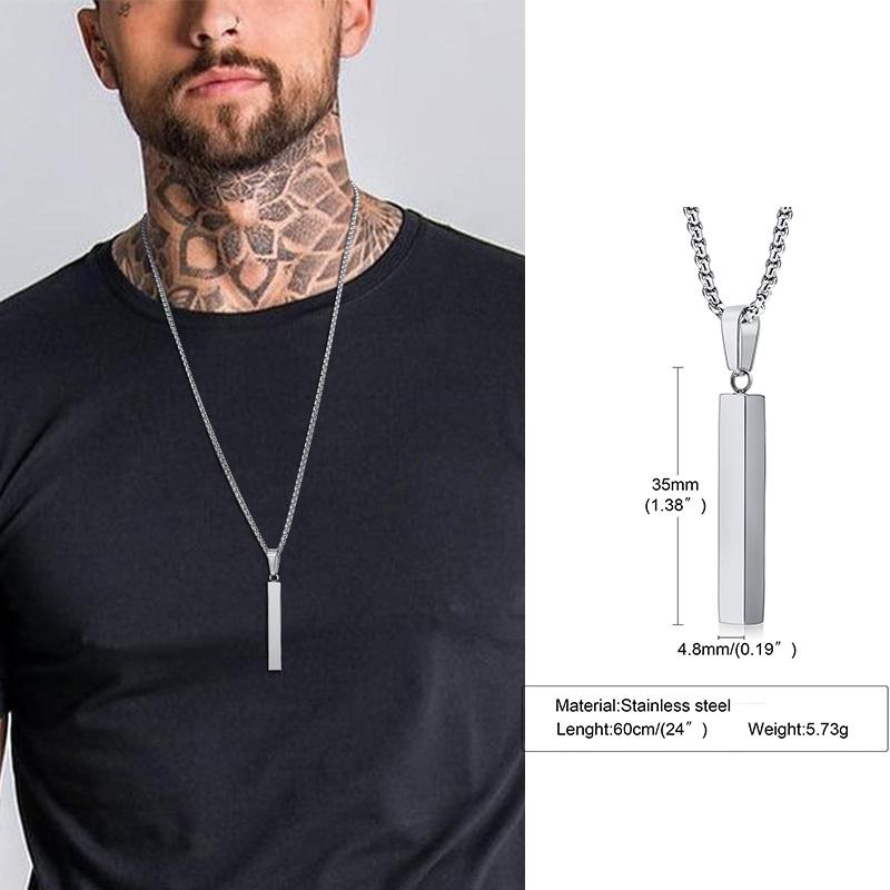 Men Custom Engraving Names Rectangle Bar Necklace, 3D Square Geometric Stainless Steel Pendant Collar Gift Jewelry