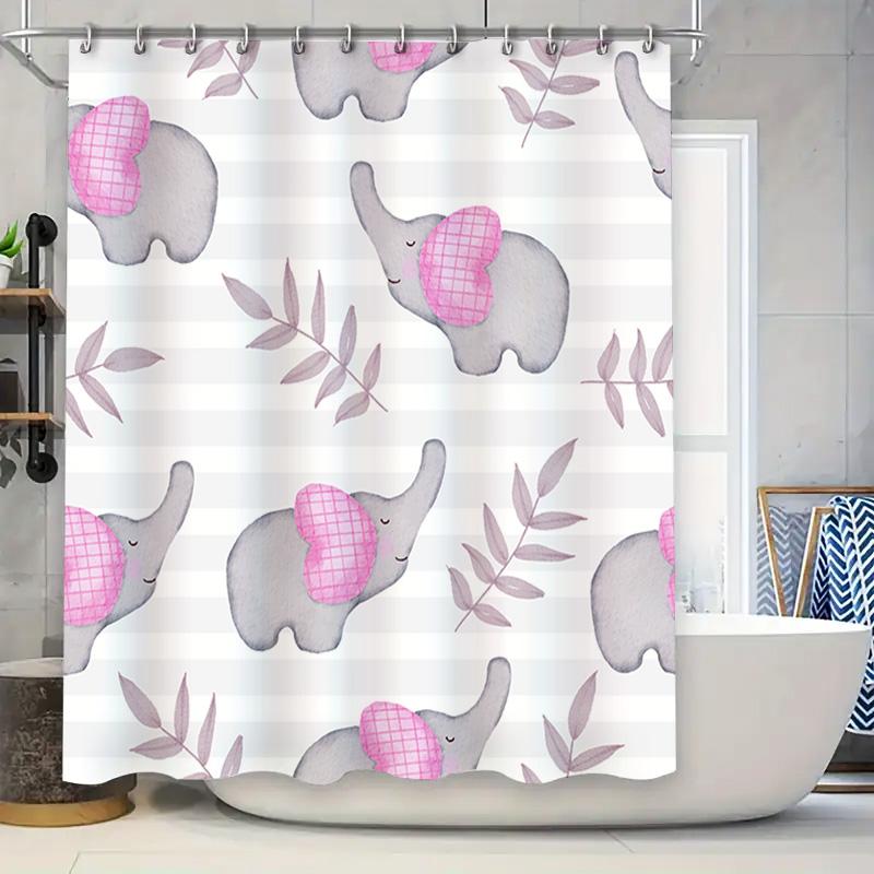 

Watercolor Grey Elephant Shower Curtain Kids Bathroom Decor with Leaves Pink Checkers Rectangular Hook Rings Included (84 x 72) 90x180cm
