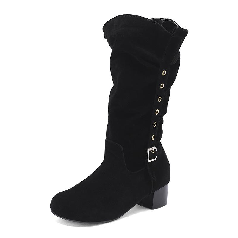 Suede Stacking Boots Belt Buckle Rivet Boots Medium Tube Skinny Boots Thick Middle Heel Boots 30-50 Boots