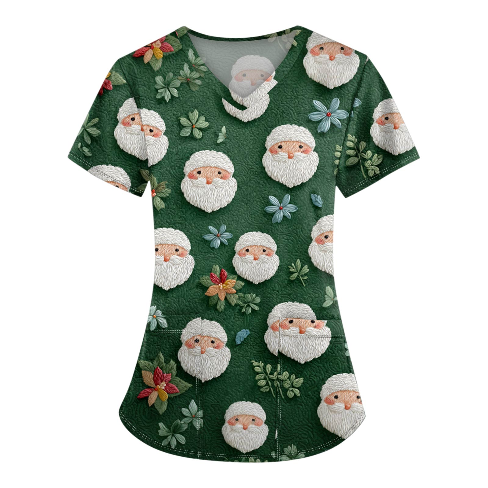 Women s Christmas Printing Short Sleeve V-neck Tops Working Pocket Blouse L