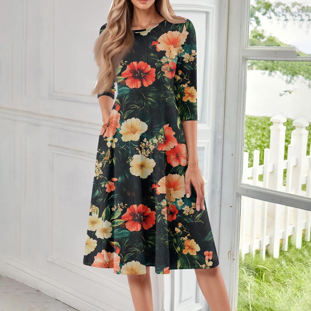 Lockeres, lässiges und modisches Damenkleid mit Rundhalsausschnitt, sieben Viertelärmeln und Print in mittlerer Länge