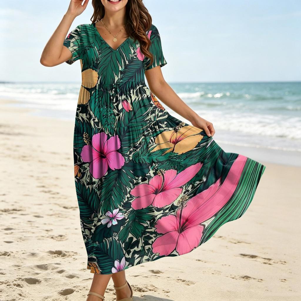 Frauen Casual Lose Bohemian Blumenkleid Kurzarm Lange Maxi Sommer Strand Swing Kleid