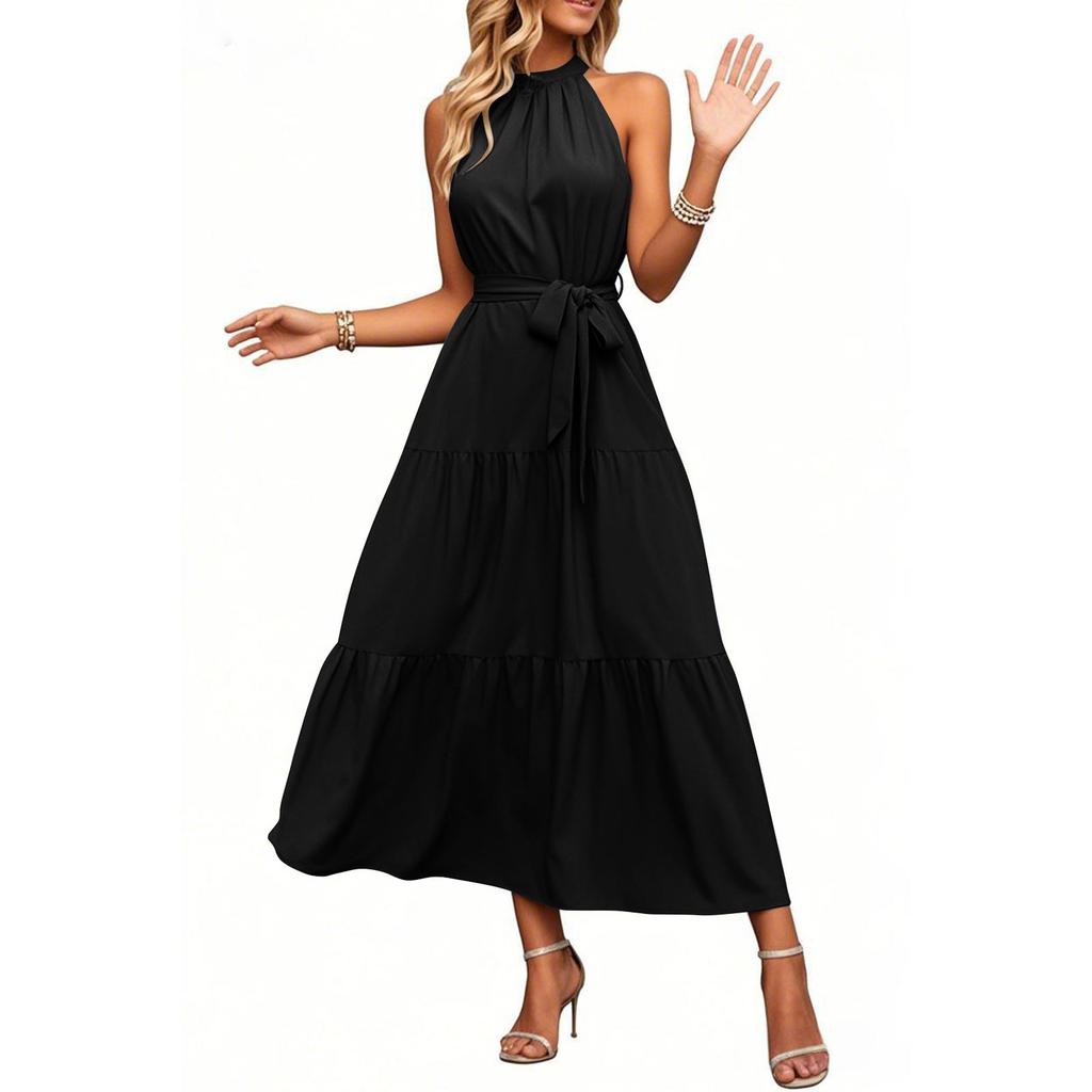 Women's Sundress Sleeveless Flowy Hem Boho Skirt With Belt