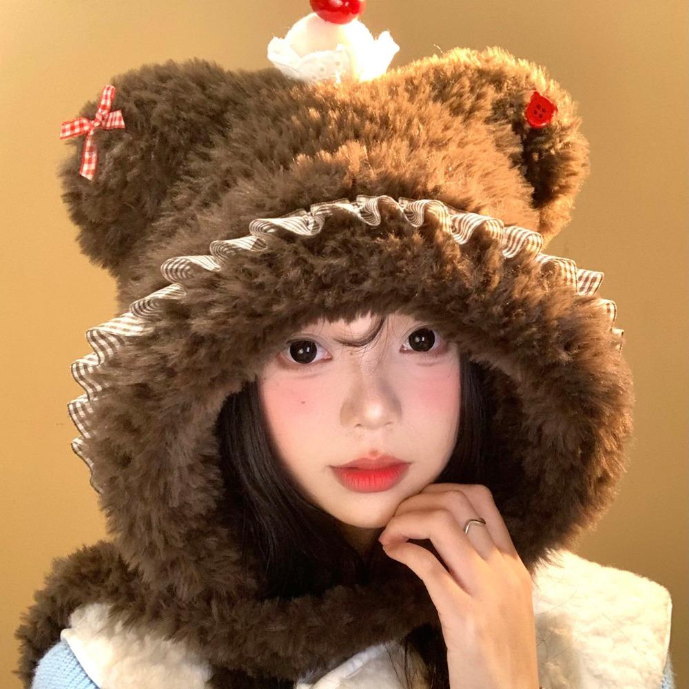 Warm Thick Plush Knitted Hat Cherry Bow Pullover Hat Cute Beanies Hat Winter Outdoor