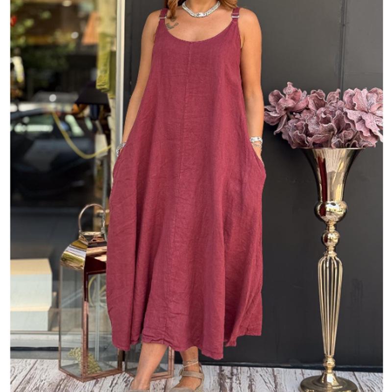 Summer Spaghetti Strap Cotton Linen Dress: Sleeveless, Round Neck, with Pockets - New Arrivals In Women's Simple Style