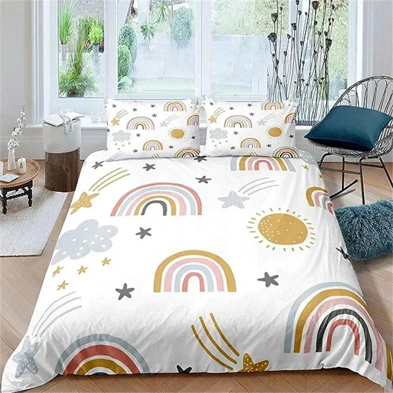 Rainbow Twin Duvet Cover Set For Girl Pink And Yellow Rainbow Star Duvet Cover Cartoon Rainbow For Bedroom Decoration Women Kid