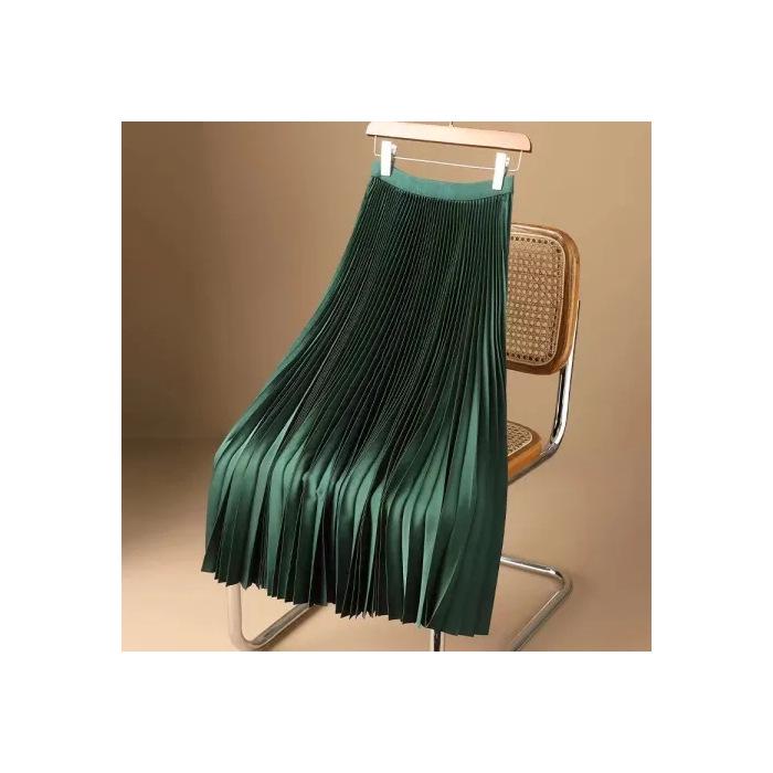 Cross-Border Satin Pleated A-Line Skirt - Summer 2026 High-Waisted Over-the-Knee Style