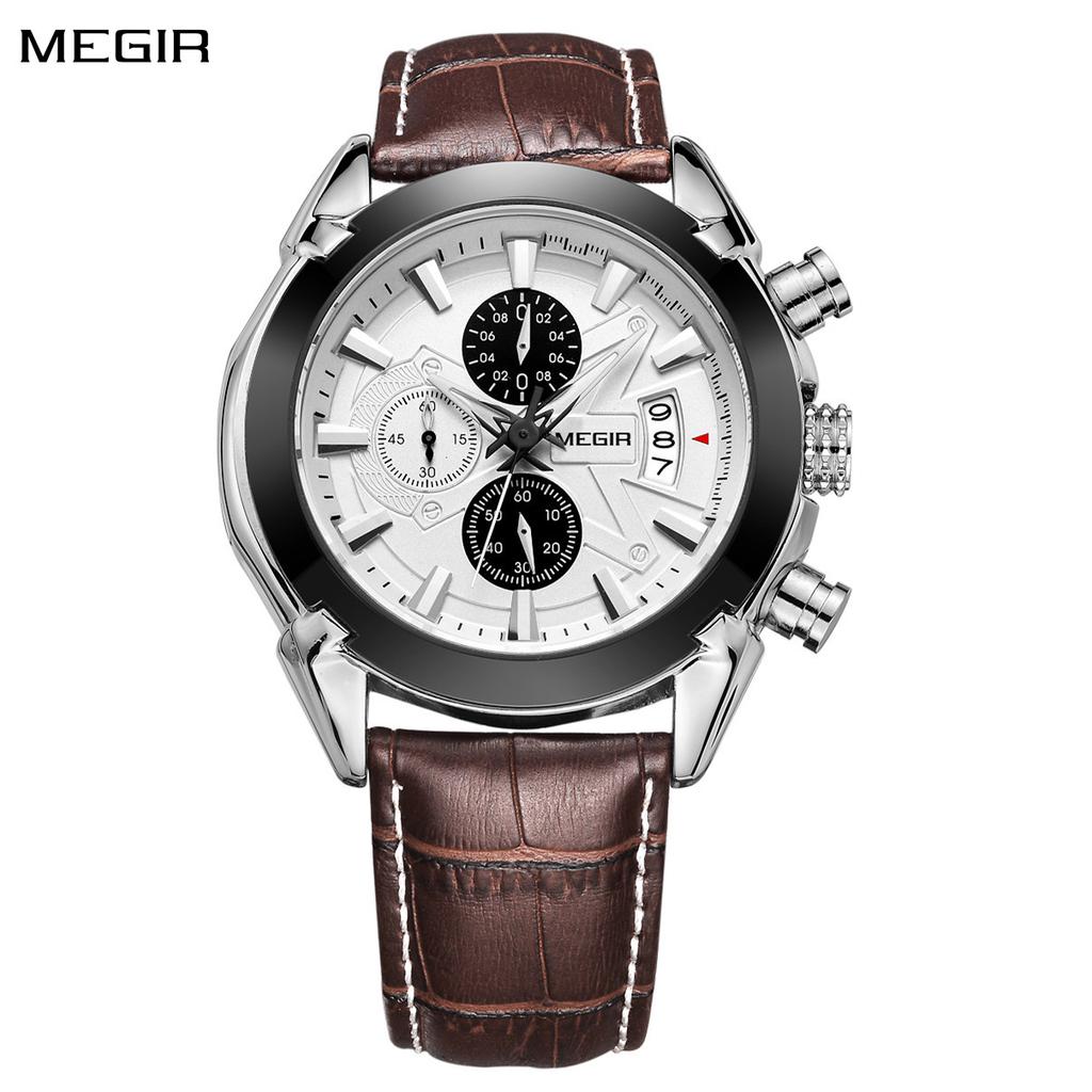 MEGIR Men Watches Original Fashion Leather Quartz Wristwatch Military Chronograph Big Dial Sports Clock Reloj Hombre
