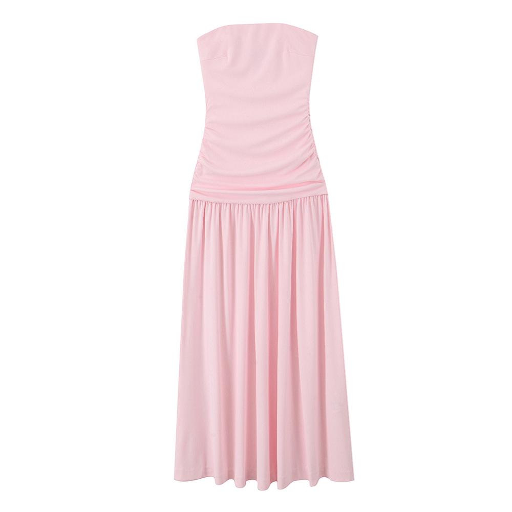 

2025 Spring Women s Solid Color Slim-Fit Pleated Tube Top Long Dress L розовый