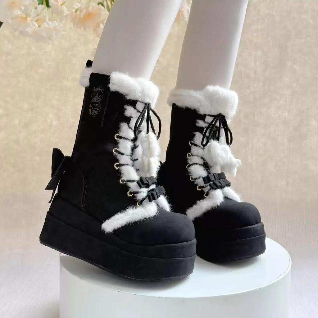 Winter Plateau Schneestiefel Für Damen Designer Keilabsatz Plüsch Warme Baumwollschuhe Für Damen Mode Süß Niedlich Schleife Lolita Stiefeletten