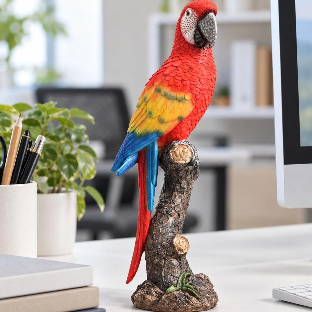 Parrot Ornament with Branch Perch Colorful Figurine Carved Bird Statue