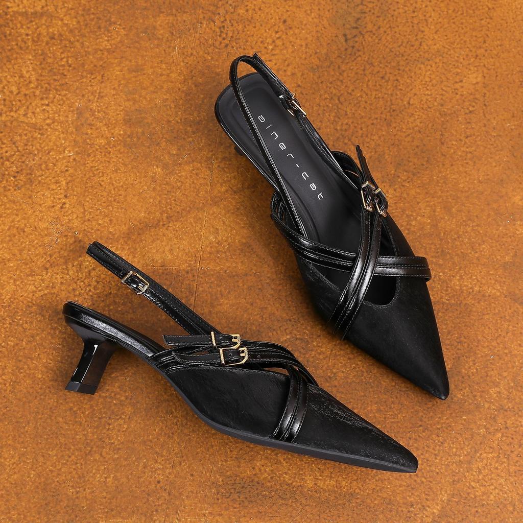 59007 High Heels Women's Thick Heel Summer 2025 New Rear Empty Sandals Pointed French Color Matching Medium Heel Single Shoes