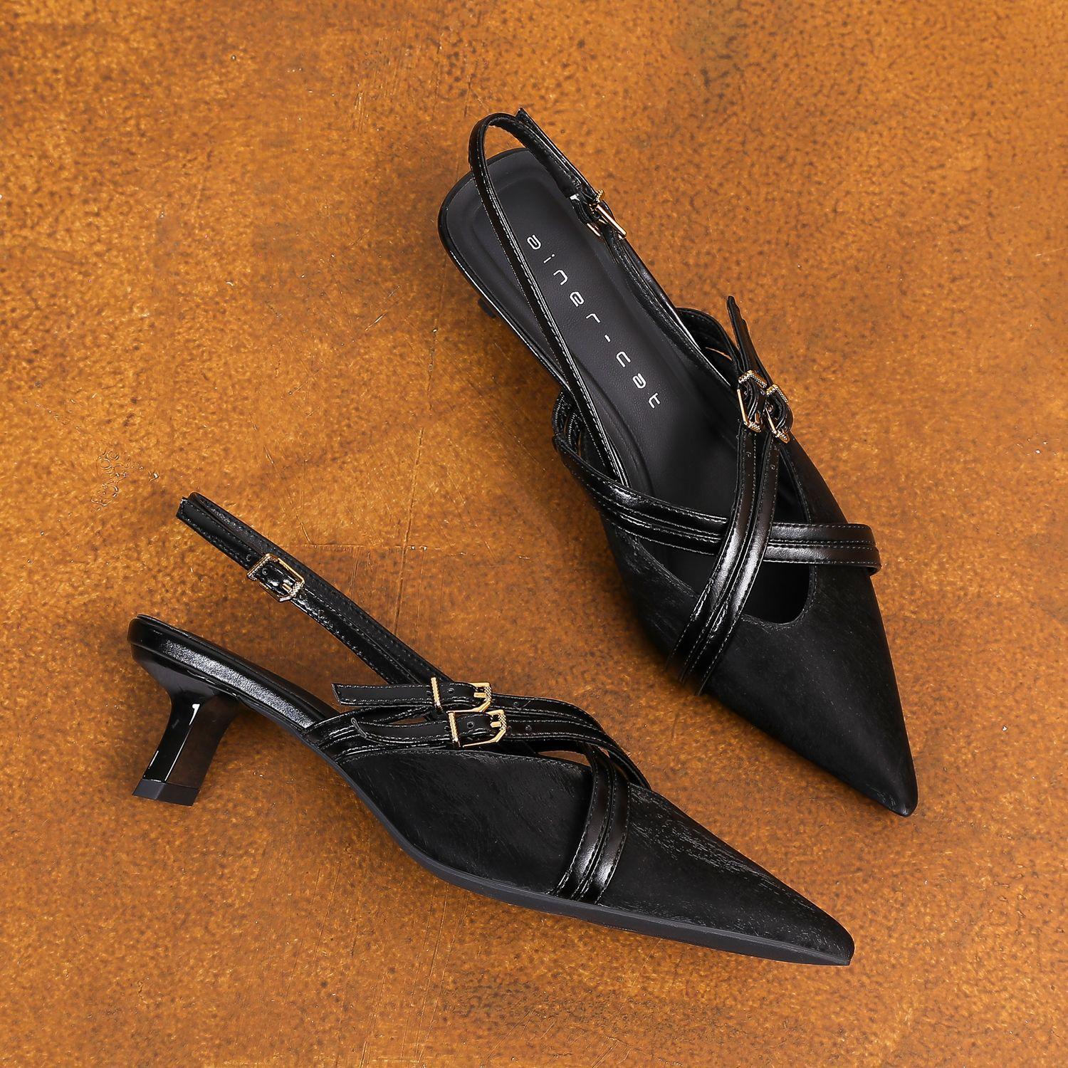 

59007 high heels women s thick heel summer 2025 new rear empty sandals pointed French color matching medium heel single shoes 34