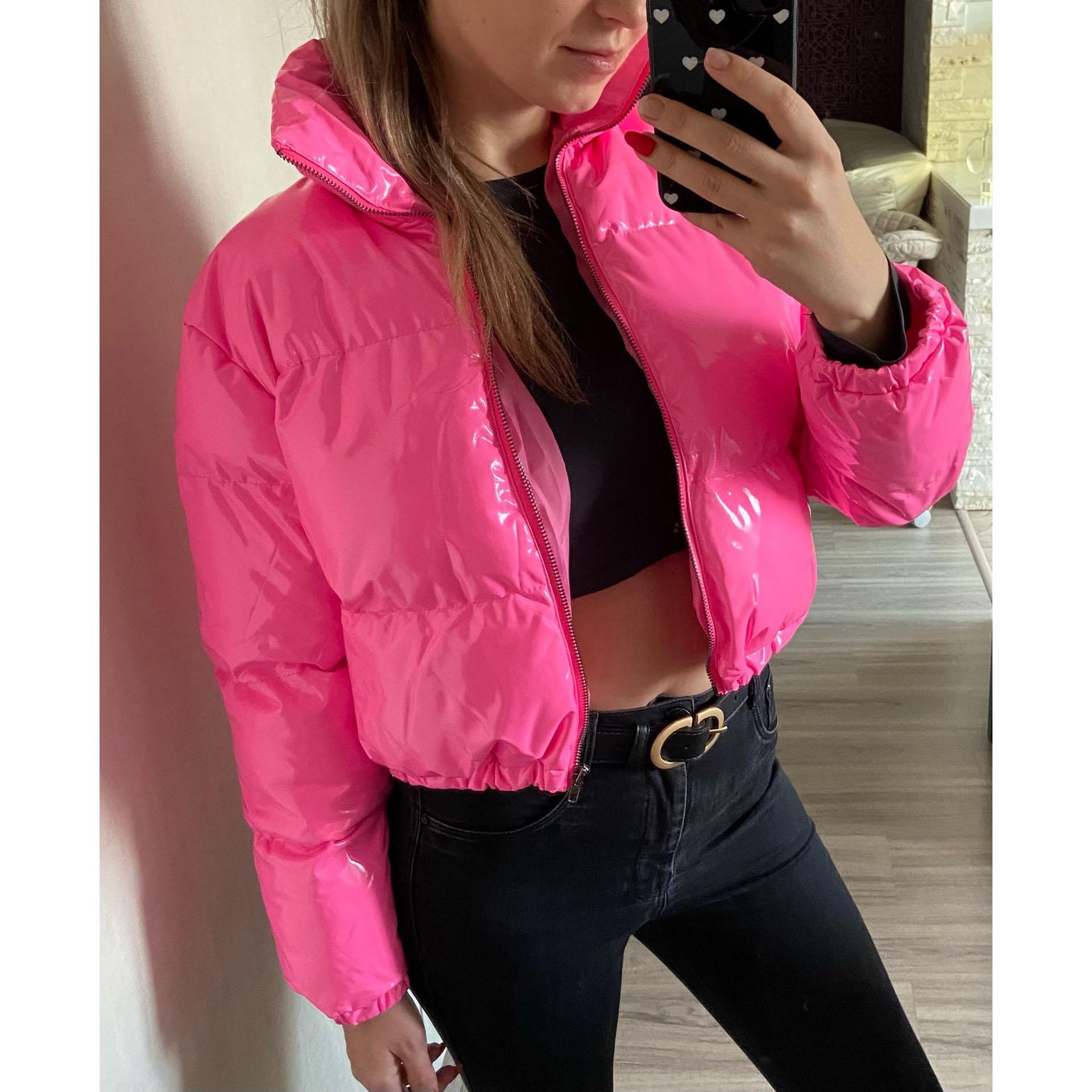 

Зимний Y2K воротник-стойка молния длинный рукав яркий PU толстый кардиган пальто женский зимняя теплая облегающая повседневная уличная одежда осень XS