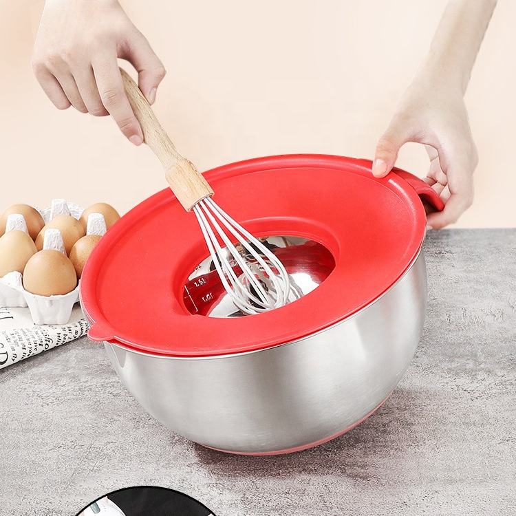 Classic Stainless Steel Salad Mixing Bowl Set Silicone Bottom Airtight Lids with Handle Slicer